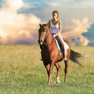 Woman riding a healthy horse. Balancing Equine Diets: The Vitamin A and E Connection